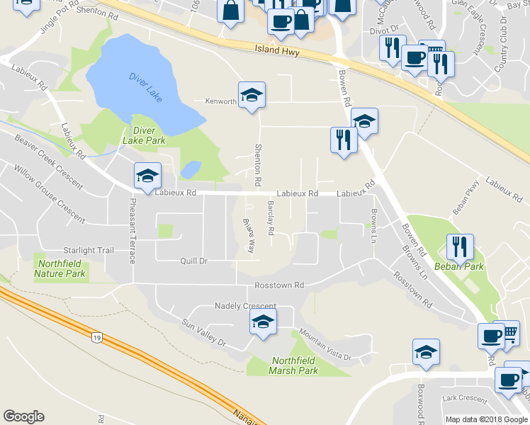 map of restaurants, bars, coffee shops, grocery stores, and more near 2387 Barclay Road in Nanaimo