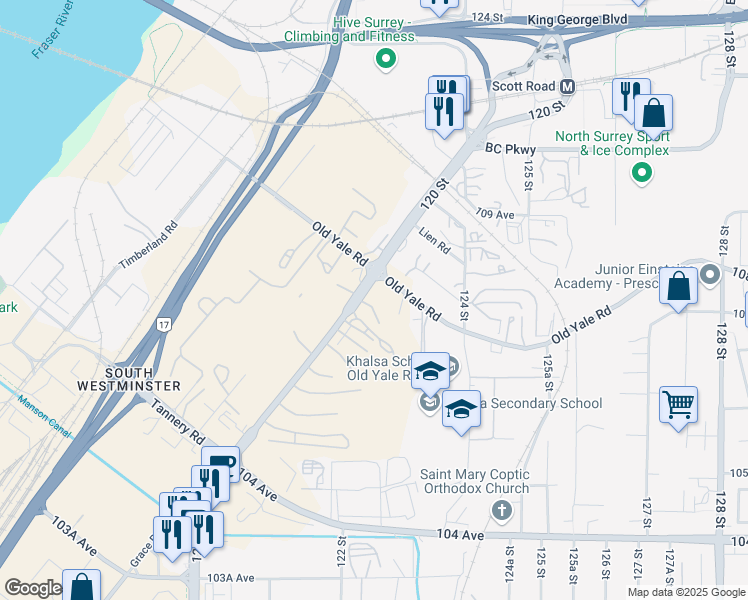 map of restaurants, bars, coffee shops, grocery stores, and more near 10772 Scott Road in Surrey