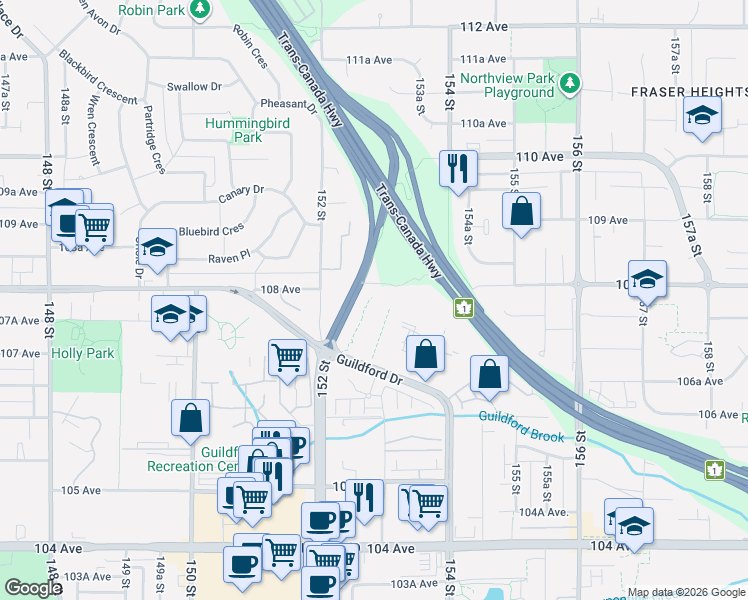 map of restaurants, bars, coffee shops, grocery stores, and more near 10776 Guildford Drive in Surrey