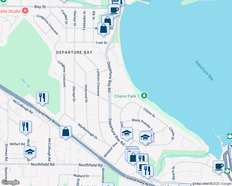 map of restaurants, bars, coffee shops, grocery stores, and more near 2550 Departure Bay Road in Nanaimo