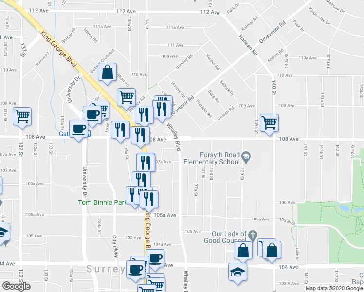 map of restaurants, bars, coffee shops, grocery stores, and more near 124 Whalley Boulevard in Surrey