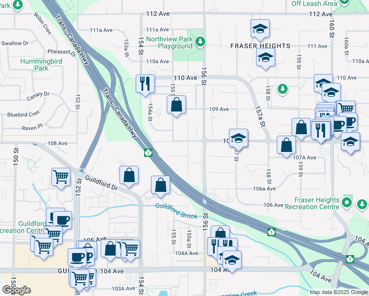 map of restaurants, bars, coffee shops, grocery stores, and more near 10785 155A Street in Surrey