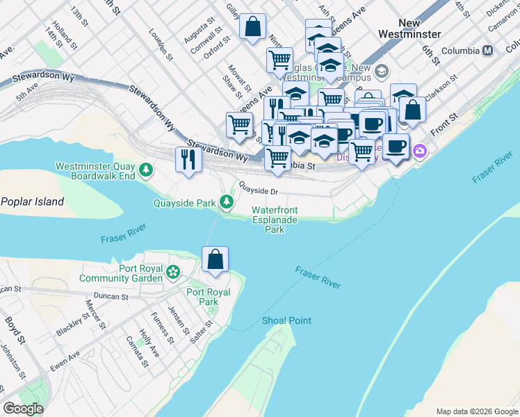 map of restaurants, bars, coffee shops, grocery stores, and more near 1200 Quayside Drive in New Westminster