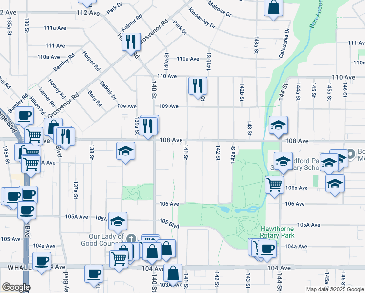 map of restaurants, bars, coffee shops, grocery stores, and more near 10777 141 Street in Surrey