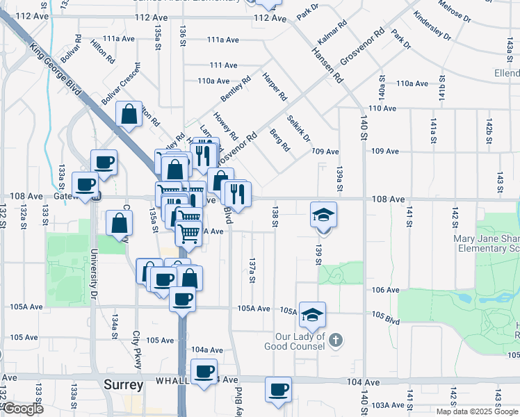 map of restaurants, bars, coffee shops, grocery stores, and more near 13768 108 Avenue in Surrey