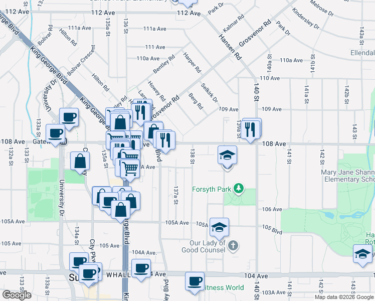 map of restaurants, bars, coffee shops, grocery stores, and more near 10777 138 Street in Surrey