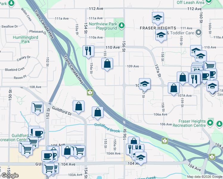 map of restaurants, bars, coffee shops, grocery stores, and more near 10785 155A Street in Surrey