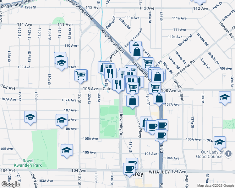 map of restaurants, bars, coffee shops, grocery stores, and more near 10777 University Drive in Surrey