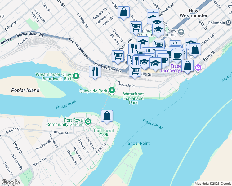 map of restaurants, bars, coffee shops, grocery stores, and more near 1250 Quayside Drive in New Westminster