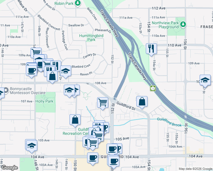 map of restaurants, bars, coffee shops, grocery stores, and more near 15110 108 Avenue in Surrey