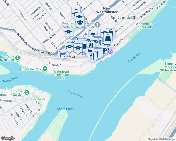 map of restaurants, bars, coffee shops, grocery stores, and more near 5 K De K Court in New Westminster