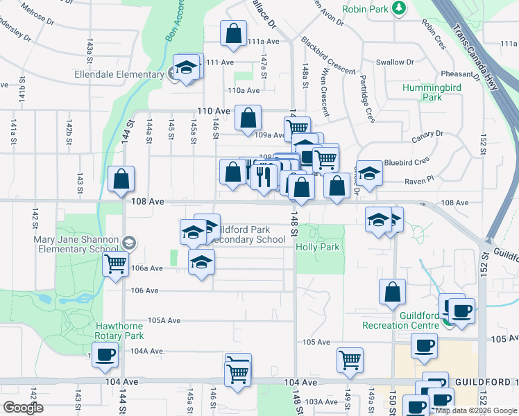 map of restaurants, bars, coffee shops, grocery stores, and more near 14724 108 Avenue in Surrey