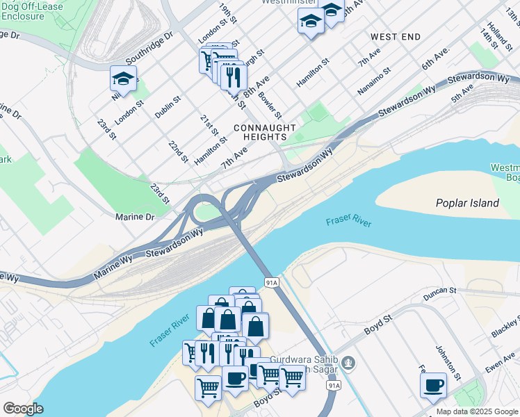 map of restaurants, bars, coffee shops, grocery stores, and more near 2112 Marine Way in New Westminster