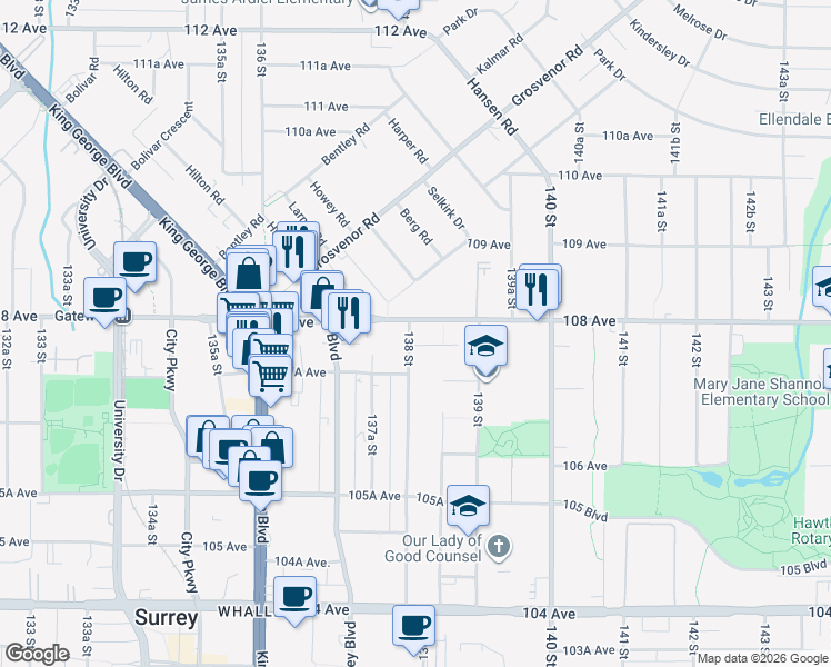 map of restaurants, bars, coffee shops, grocery stores, and more near 10778 138 Street in Surrey