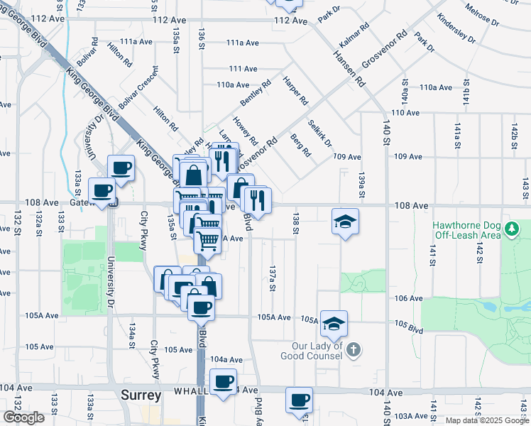 map of restaurants, bars, coffee shops, grocery stores, and more near 13728 108 Avenue in Surrey