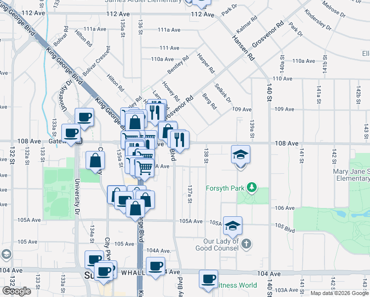 map of restaurants, bars, coffee shops, grocery stores, and more near 13728 108 Avenue in Surrey