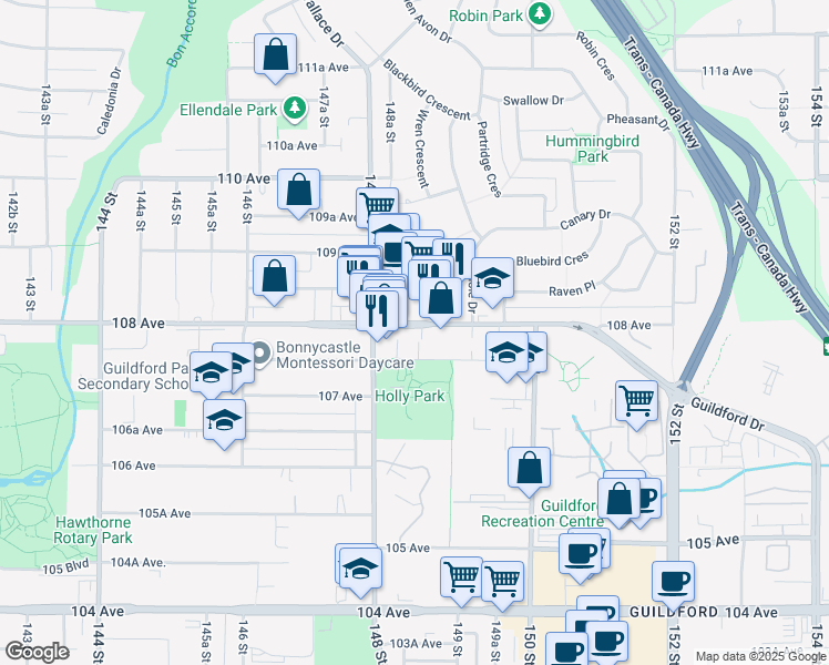 map of restaurants, bars, coffee shops, grocery stores, and more near 14850 108 Avenue in Surrey
