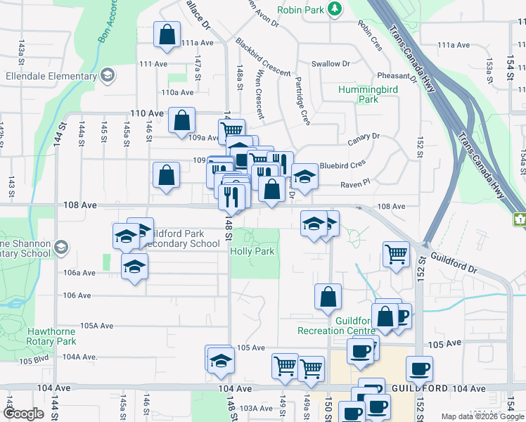 map of restaurants, bars, coffee shops, grocery stores, and more near 14880 108 Avenue in Surrey
