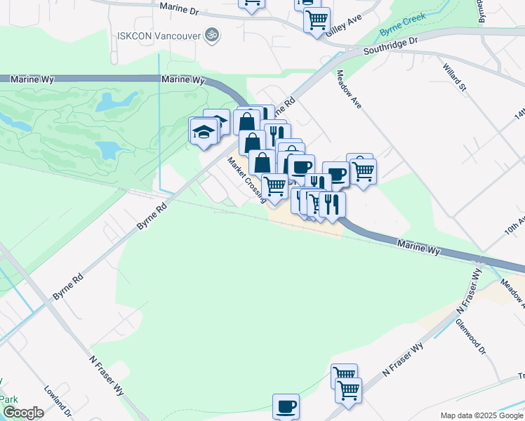 map of restaurants, bars, coffee shops, grocery stores, and more near 7501 Market Crossing in Burnaby