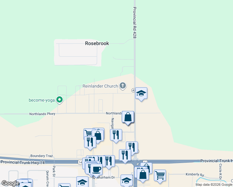 map of restaurants, bars, coffee shops, grocery stores, and more near Redhawk Trail in Plum Coulee