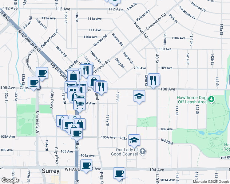 map of restaurants, bars, coffee shops, grocery stores, and more near 10777 138 Street in Surrey