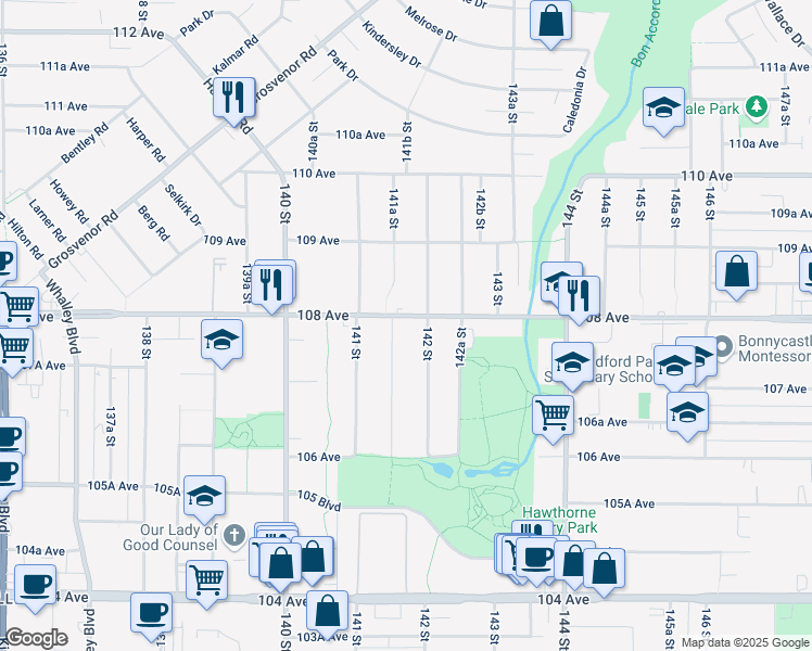 map of restaurants, bars, coffee shops, grocery stores, and more near 14172 108 Avenue in Surrey