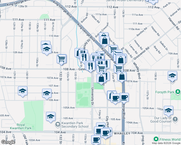 map of restaurants, bars, coffee shops, grocery stores, and more near 10777 University Drive in Surrey