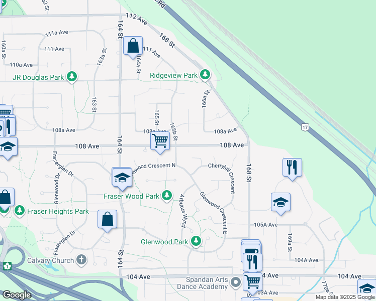 map of restaurants, bars, coffee shops, grocery stores, and more near 16618 108 Avenue in Surrey