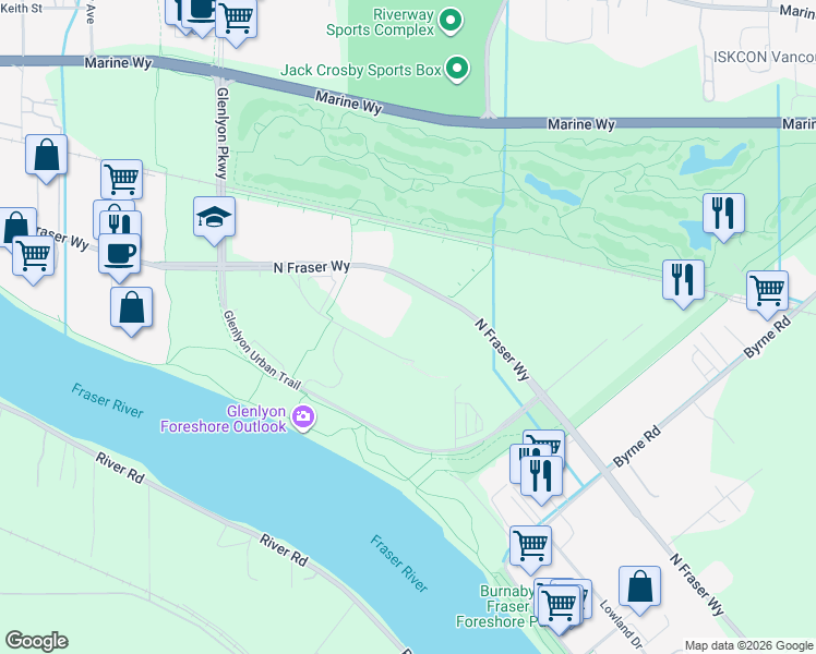 map of restaurants, bars, coffee shops, grocery stores, and more near 5118 North Fraser Way in Burnaby