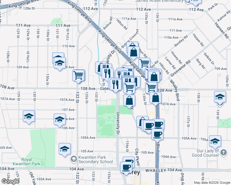 map of restaurants, bars, coffee shops, grocery stores, and more near 10777 University Drive in Surrey