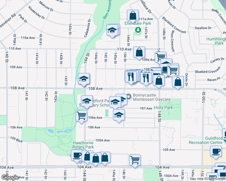 map of restaurants, bars, coffee shops, grocery stores, and more near 14548 108 Avenue in Surrey