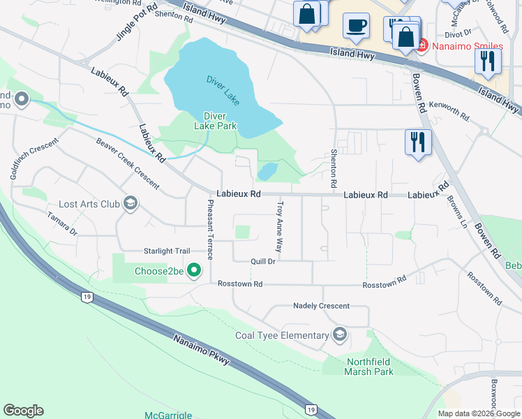 map of restaurants, bars, coffee shops, grocery stores, and more near 2532 Theresa Terrace in Nanaimo
