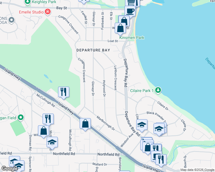 map of restaurants, bars, coffee shops, grocery stores, and more near Argyle Avenue in Nanaimo