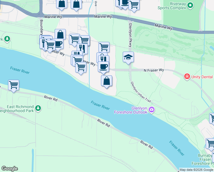 map of restaurants, bars, coffee shops, grocery stores, and more near 8988 Fraserton Court in Burnaby