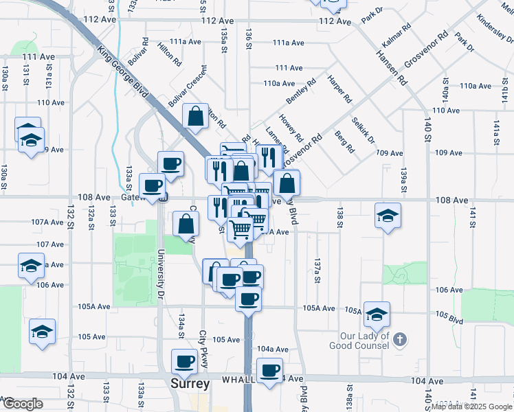 map of restaurants, bars, coffee shops, grocery stores, and more near in Surrey