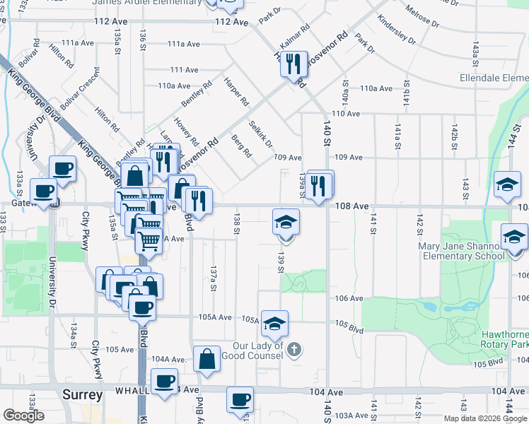 map of restaurants, bars, coffee shops, grocery stores, and more near 13858 108 Avenue in Surrey