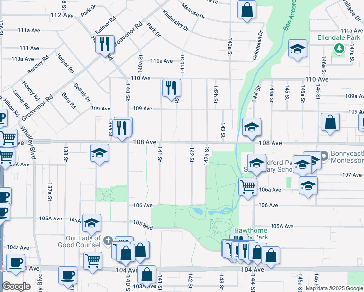 map of restaurants, bars, coffee shops, grocery stores, and more near 14172 108 Avenue in Surrey