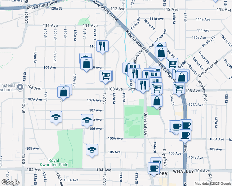 map of restaurants, bars, coffee shops, grocery stores, and more near in Surrey