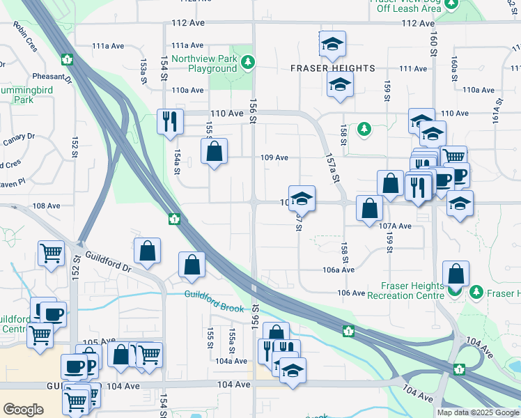 map of restaurants, bars, coffee shops, grocery stores, and more near in Surrey