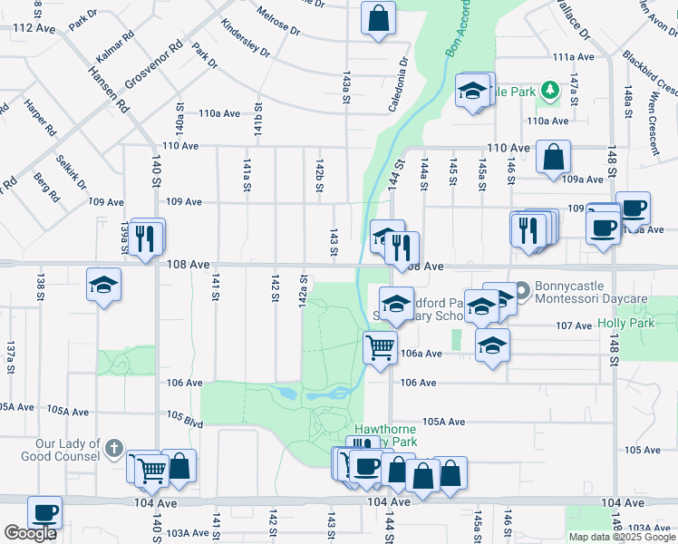 map of restaurants, bars, coffee shops, grocery stores, and more near in Surrey