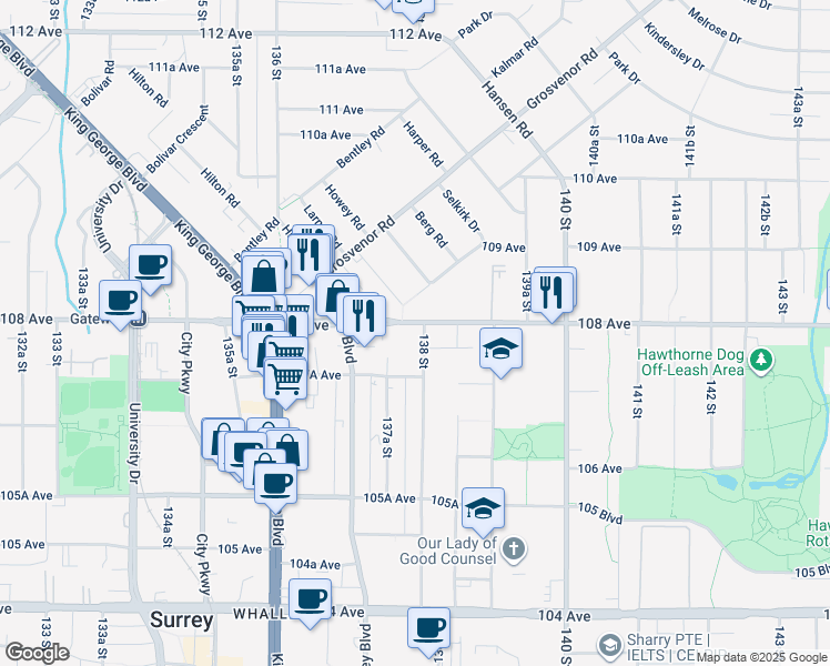 map of restaurants, bars, coffee shops, grocery stores, and more near in Surrey