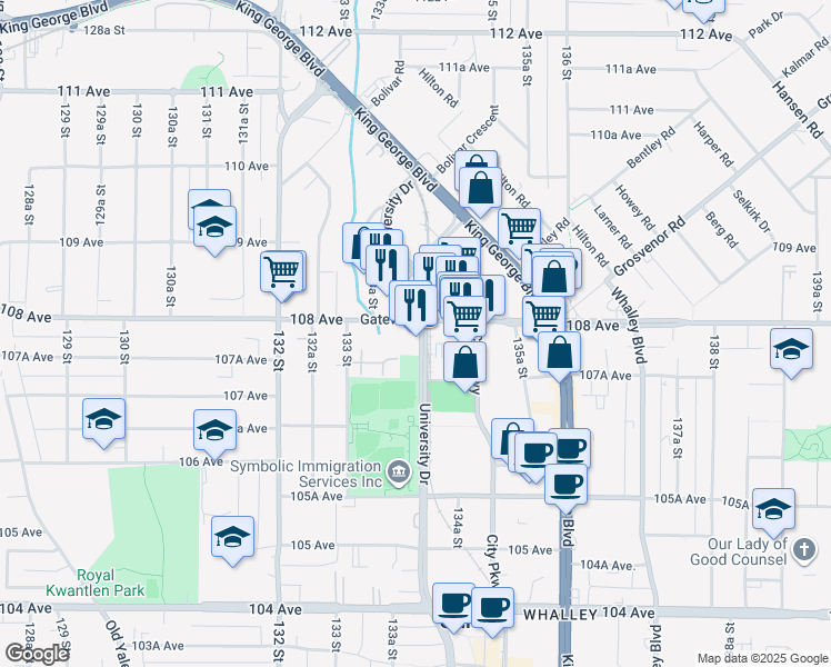 map of restaurants, bars, coffee shops, grocery stores, and more near in Surrey