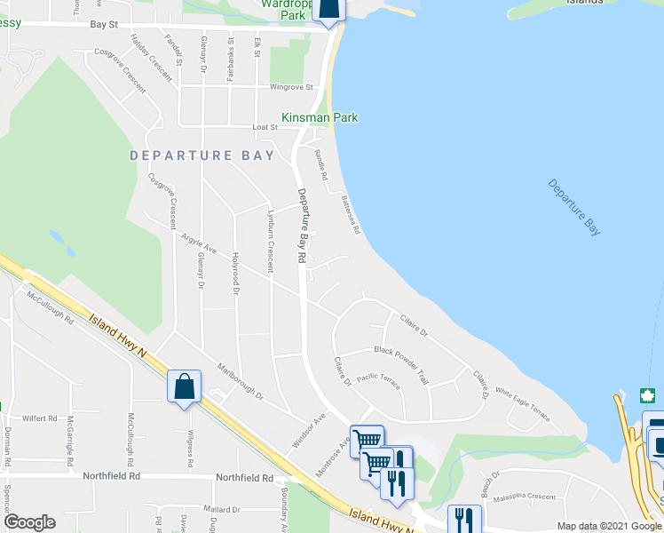 map of restaurants, bars, coffee shops, grocery stores, and more near 2550 Departure Bay Road in Nanaimo