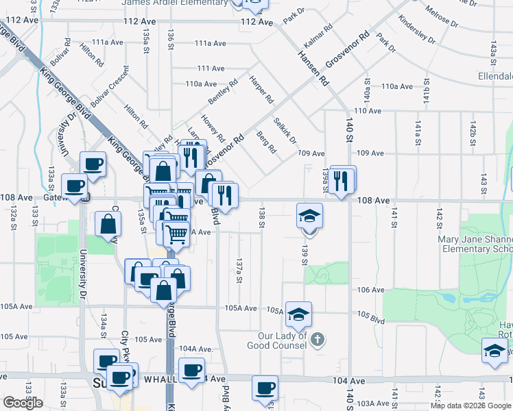map of restaurants, bars, coffee shops, grocery stores, and more near 10777 138 Street in Surrey