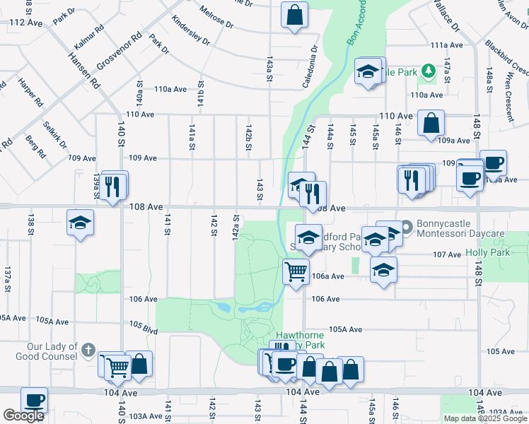 map of restaurants, bars, coffee shops, grocery stores, and more near in Surrey