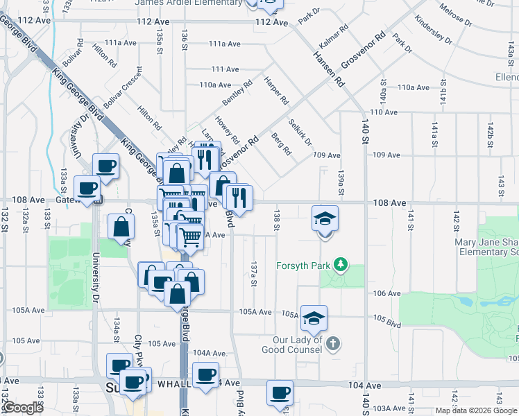 map of restaurants, bars, coffee shops, grocery stores, and more near 13768 108 Avenue in Surrey