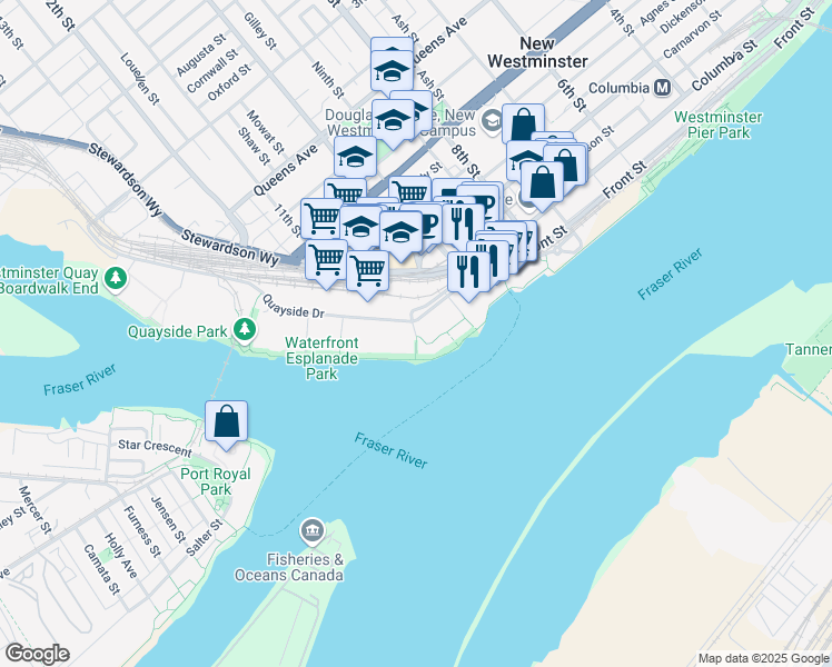 map of restaurants, bars, coffee shops, grocery stores, and more near 5 K De K Court in New Westminster