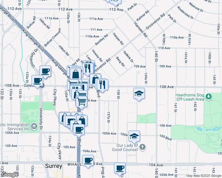 map of restaurants, bars, coffee shops, grocery stores, and more near 13768 108 Avenue in Surrey