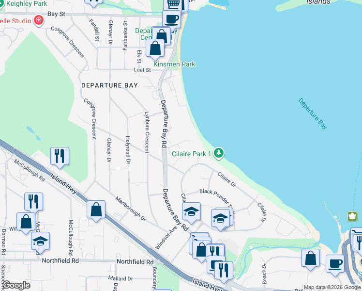 map of restaurants, bars, coffee shops, grocery stores, and more near 2550 Departure Bay Road in Nanaimo