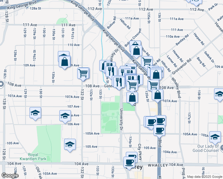 map of restaurants, bars, coffee shops, grocery stores, and more near 13380 108 Avenue in Surrey